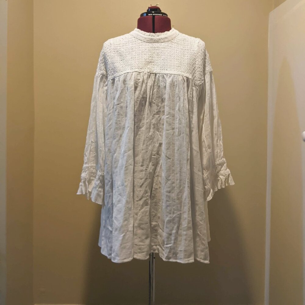 Free People White Smocked Bib Cotton Tunic – Boho Peasant Style -- Size L
